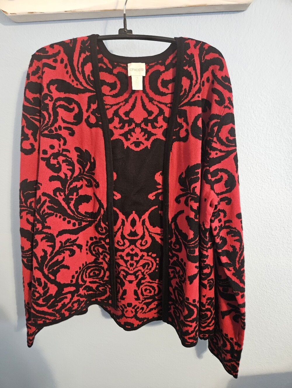 Chico's Red and Black Open-Front Jacquard Cardigan